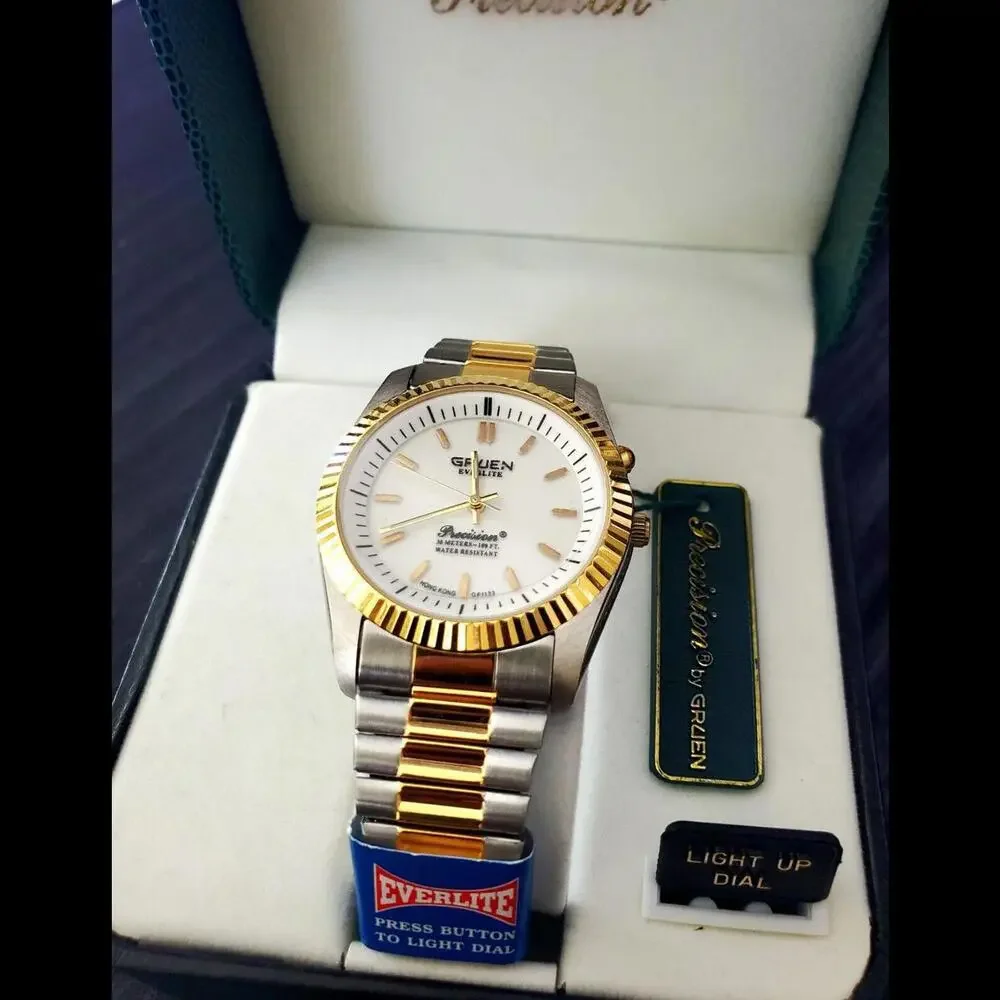 NOS Rare Gruen Embassy Fluted President Lite Dial‎ Mens Watch